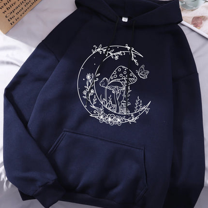 Mushroom Butterfly Moon Flower Prints Women Hoodies Autumn Pocket Streetwear Loose Casual Pullover Comfortable Fleece Hoody
