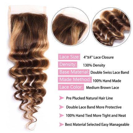 P4/27 4x4 Lace Closures Deep Wave Highlight Lace Closure 100% Human Hair Closure With Baby Hair Remy Brazilian 10''-20'' HairUGo