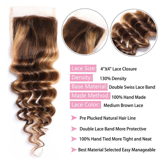 P4/27 4x4 Lace Closures Deep Wave Highlight Lace Closure 100% Human Hair Closure With Baby Hair Remy Brazilian 10''-20'' HairUGo