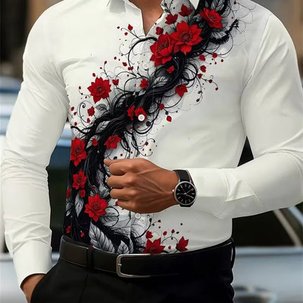 2026 Men's Fashion Red Rose Print Long-Sleeve Shirt, Stylish Casual Design, Spring/Autumn Casual Shirt, Sizes XS-6XL