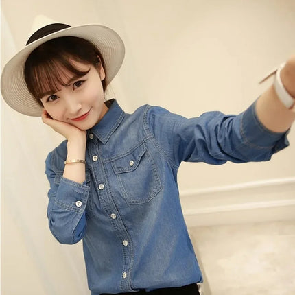 Slim Fit Cotton Denim Shirt Long Sleeve Women's Spring Autumn Summer Student Professional Outerwear Fashionable Casual Top
