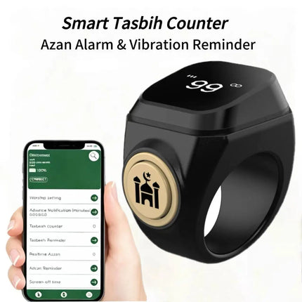 1 ZIKR smart ring with vibration alerts, which connects to the APP for time synchronization and provides five daily prayer remin