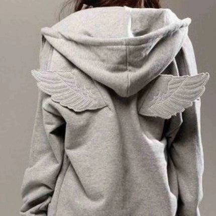 Women Grey Angel Wing Embroidered Hoodie Cute Kawaii Pullover Sweatshirt Wing Decoration Back Y2K Street Harajuku Loose Pullover