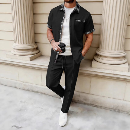 2026 New Men's 2 Piece Outfit Waffle Knit Short Sleeve Shirt & Pants Set Casual Streetwear Tracksuit
