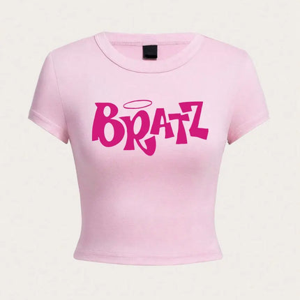 Personality Womens Crop T-Shirt Y2K Pink Bratz Letter Prints Short Sleeve High Elastic Soft O-Neck Tees Sexy Club Female Clothes