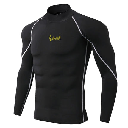 Men Gothic Print Compression T-Shirt Turtle Neck Quick-Dry Fitness Training