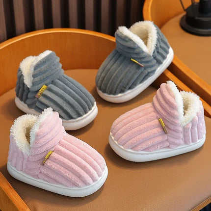 New Winter Concise Stripe Plush Slippers Children's Non-slip Soft Sole Kids Boys Girls Heel Wrap Warm High Home Cotton Shoes