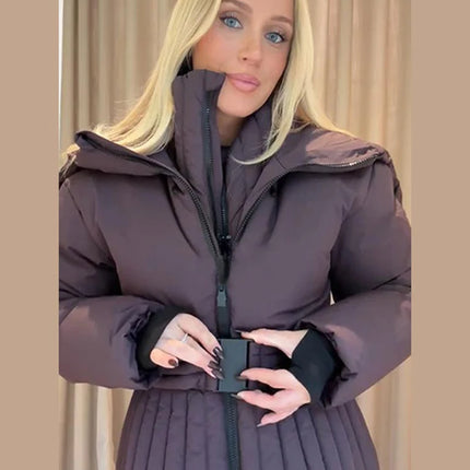 Women Peplum Ski Jackets Hooded Stand Collar Belt Waist Zipper Solid Puffer Jacket Fashion Sheath Warm Sport Winter 2025 Skiwear