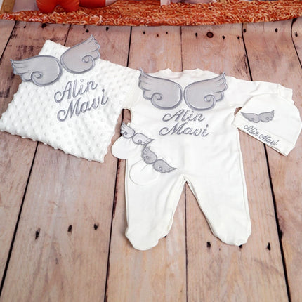 Personalized Name Baby Coming Home Outfit Angle Wing Infant Cotton Romper Onesie Blanket Pregnancy Embroidery Laurel Tree Gift