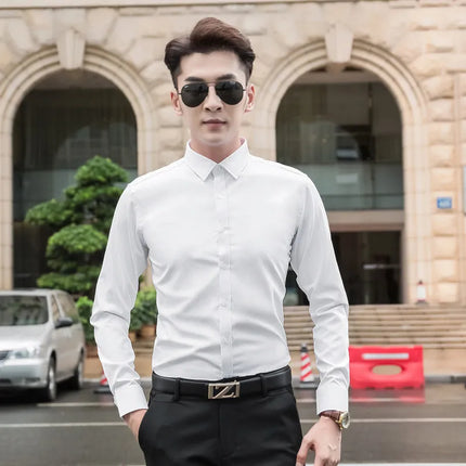 Slim Fit Long Sleeve Silk Men's Shirt Hong Kong Style Workwear Iron-Free Professional Shirt Youth Fashion Spring