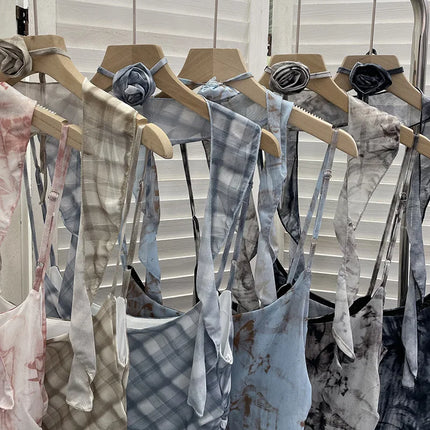 Women's Vintage Tie-dye Printed Mesh Spaghetti Strap Camisole Hot Girl Irregular Ruffled Ribbon Sleeveless Top Partyclub 1185