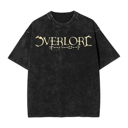 Vintage Washed Black OVERLORD Ainz Ooal Gown T-Shirt – Front Character Illustration with English Title & Japanese Name Text