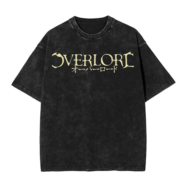 Vintage Washed Black OVERLORD Ainz Ooal Gown T-Shirt – Front Character Illustration with English Title & Japanese Name Text
