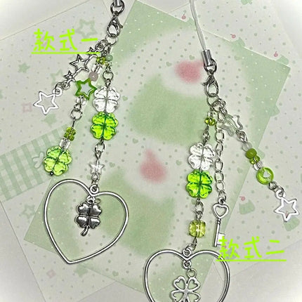 Y2K Lucky Four Leaves Clover Heart Key Ring Green Leaf Star Key Chain Cases for Phone Camera Korean Cute Beaded Couple Keychain