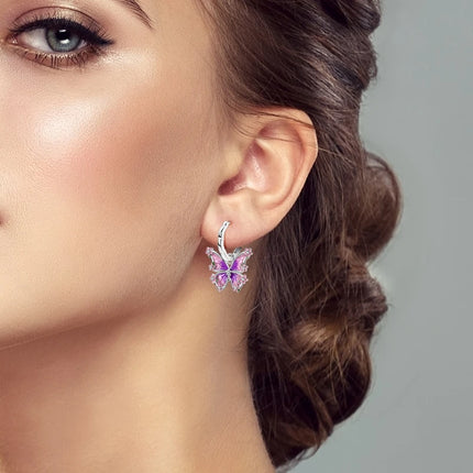 925 Sterling Silver Purple Series Feather Butterfly Dream Catcher Firefly Zircon Earrings for Women Luxury Jewelry Wedding Gift