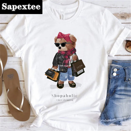 Women's Cute Bear Graphic T-shirt Short-Sleeved Clothes Women's Print T-shirt Summer 90s Fashion Style Women's Fashion T-shirt