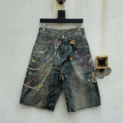 3D Candy Chain Print Baggy Jeans Shorts for Men Streetwear Summer Wide Leg Patchwork Casual Loose Knee Length Pants Oversized