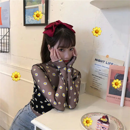 2023 Autumn Hollow Out Mesh T-Shirt Daisy Flower Pattern Crop Top Sexy Transparent Long Sleeves Basic Tops For Women Lace Tops