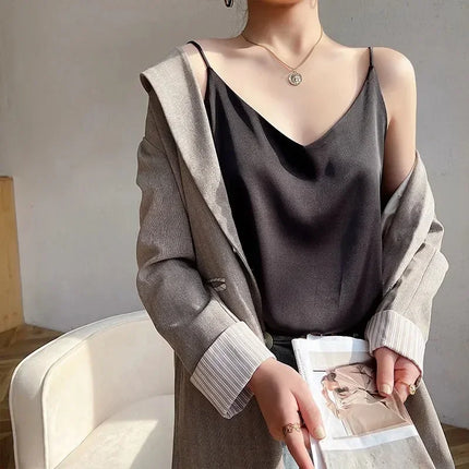 2026 Spaghetti Strap Top Women Halter V Neck Basic White Cami Sleeveless Satin Silk Tank Tops Women's Summer Camisole Crop Top