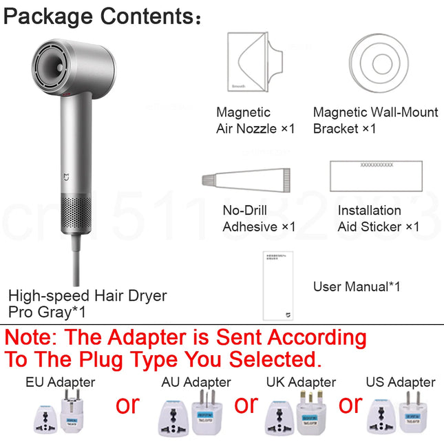 MIJIA High-Speed Hair Dryer Pro, 8 Airflow Modes, 50°C Constant Temp, 110k RPM, 70m/s Air, 200M Ions, CN Version With Adapter