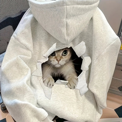 Women's casual hoodie sweatshirt with cute cat pattern print round neck long sleeves for autumn and winter warmth, regular style