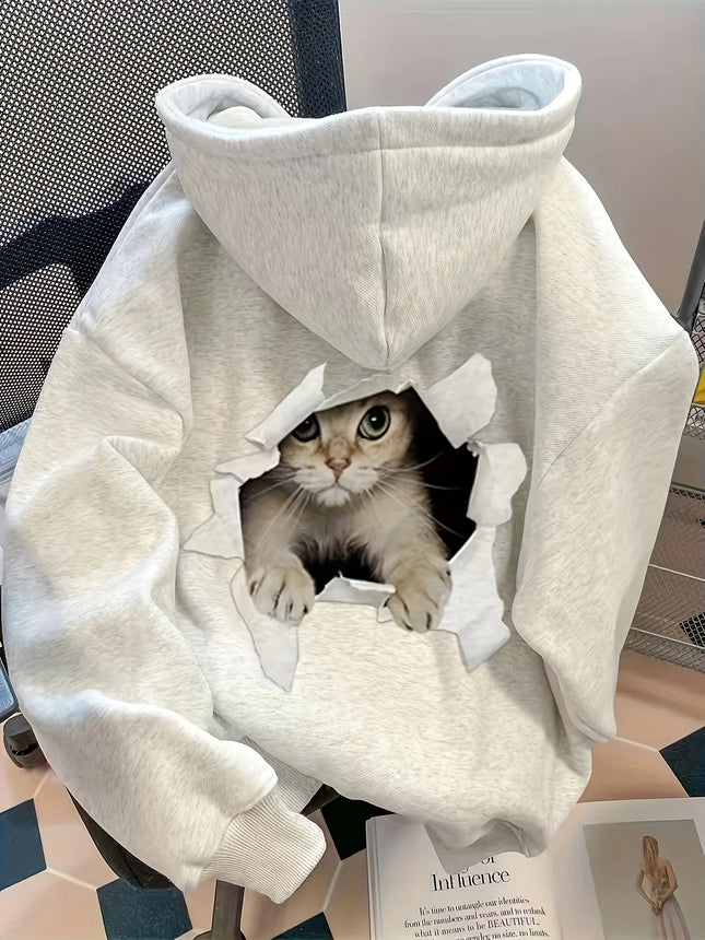 Women's casual hoodie sweatshirt with cute cat pattern print round neck long sleeves for autumn and winter warmth, regular style