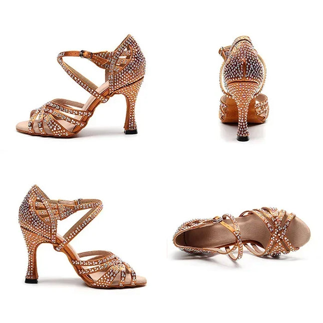 Latin Dance Shoes Women High Heels Hot Selling Diamond-encrusted Sandals Indoor Soft-soled Stage Game Party Social Ballroom Girl