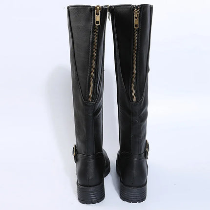 Women Knee High Boots Platform Long Boots Low Heels Round Toe Shoes New Zip Brown High Boot Vintage Pu Leather Women Boots 2025
