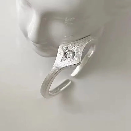 PANJBJ 925 Sterling Silver Four-pointed Star Shining Zircon Ring High-end Personalized Opening Adjustable Jewelry