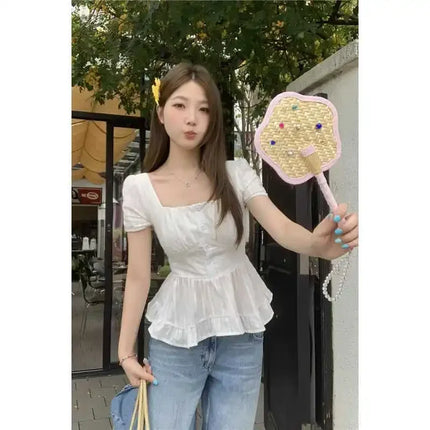Summer Slim Fit Women's Shirt Large Size Polka Dot Square Collar Short Sleeve Back Gathered Waist Cinching Casual Top