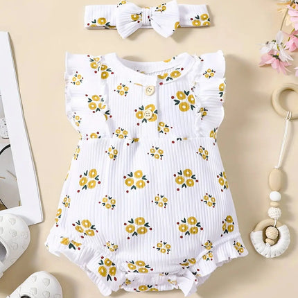 2PCS Summer Baby Girl Jumpsuit with Round Neck Butterfly Sleeve Design, Cute Sweet and Lively Princess Style Newborn Jumpsuit