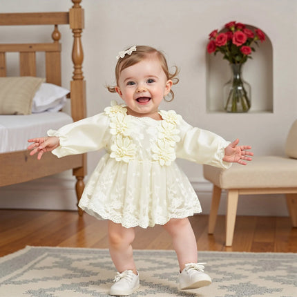 0-24M Infant Baby Girls Princess Romper Dress Cute Autumn 3D Lace Flowers Mesh Patchwork Long Sleeve A-Line Dress for Toddler