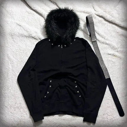 26 Spring Unisex Gothic, Dark Color, Y2K Hoodie, Fashionable American High Street Outerwear with Studs Craftsmanship