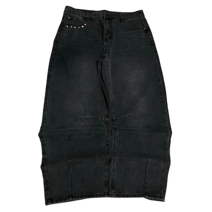 Washed Black Baggy Men Monster Tooth Embroidery Jeans Pocket Wide Leg Denim Pants Y2k Streetwear Hip Hop Loose Trousers Unisex