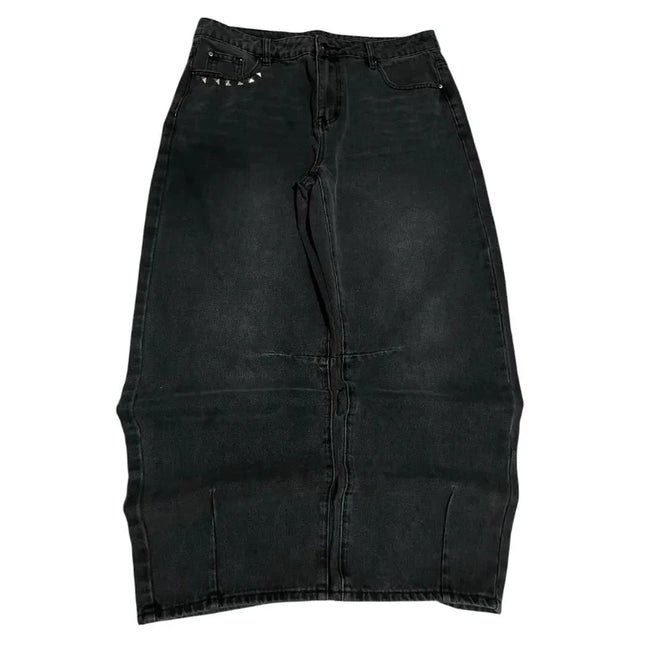 Washed Black Baggy Men Monster Tooth Embroidery Jeans Pocket Wide Leg Denim Pants Y2k Streetwear Hip Hop Loose Trousers Unisex