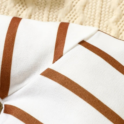 "Korean-Style Baby Romper | Brown & White Striped Onesie with Bear-Holding-Heart Embroidery - 'I Love Mom & Dad' Themed"