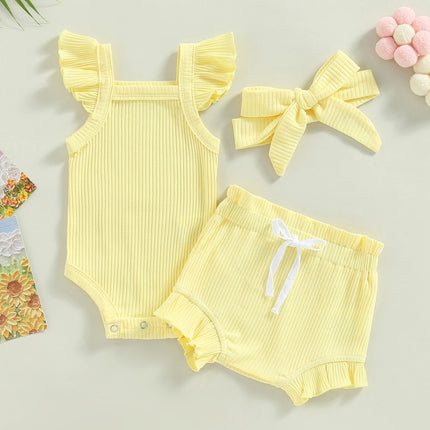 2021 Baby Summer Clothing Baby Girl Tops, Lace Up Pants Suit, Square Neck Short Ruffle Sleeve Romper, Loose Flouncing Shorts