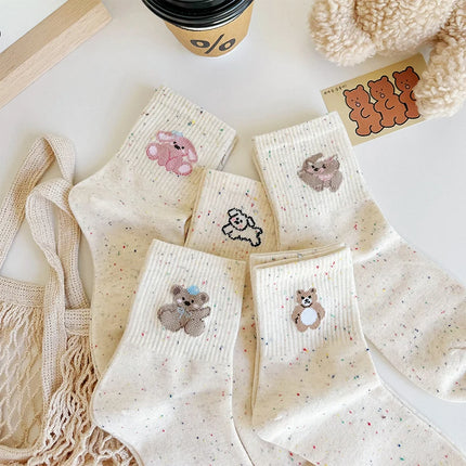 5 Pairs Women's Half Socks Bear Puppy Pattern Cotton Color Solid Dot Yarn Design Skin-friendly Soft Cozy Casual Female Lady Sock