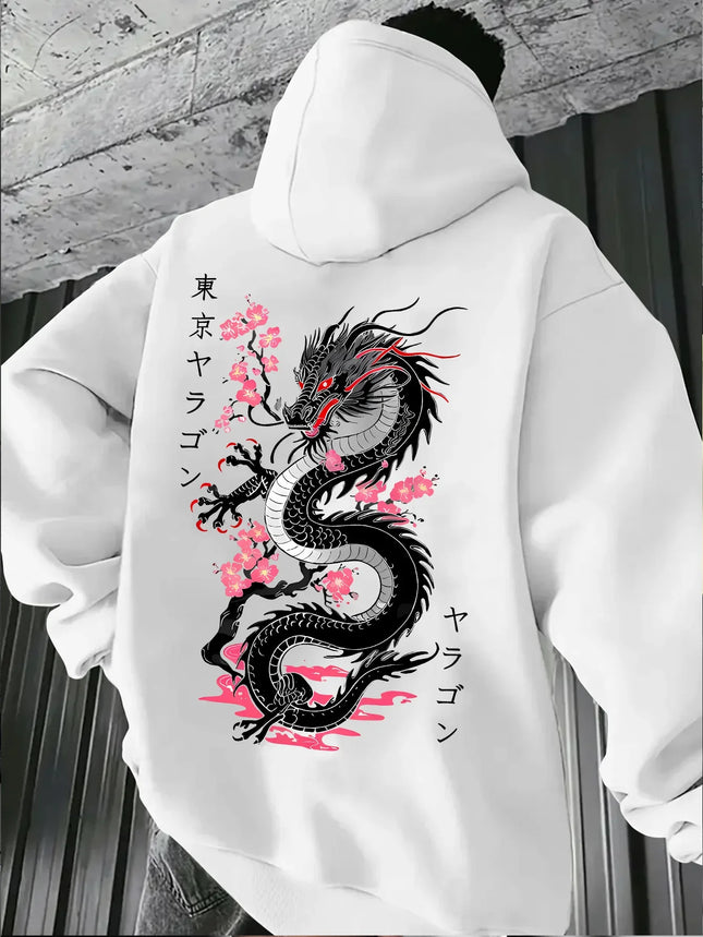 Autumn Winter Viral Korean Streetwear Double Sided Japanese Dragon Sakura Print Hoodie Y2K Eboy Oversized Long Sleeve Pullover
