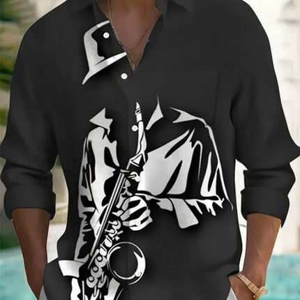 Men's Long Sleeved Printed Shirt, Single Breasted Stand Up Collar Shirt, Fashionable Casual Top