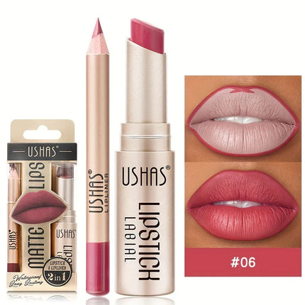 USHAS 12 Color Matte Lipstick Set Long-lasting Waterproof Lipstick + Lip Liner Set Easy Coloring Non-Stick Cup Lip Makeup Suit