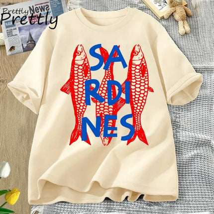 Sardines Graphic Tee Trendy Fish T-shirt Casual Short Sleeve Cotton T Shirt Streetwear Round Neck T-shirt Streetwear Cool Tees