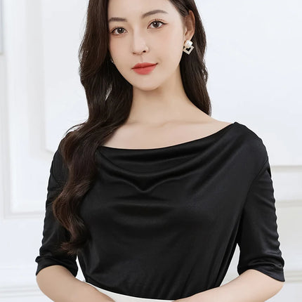 Summer women's short sleeved acetate fabric high-end knitted women's T-shirt thin European style hot selling women's T-shirt
