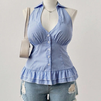 Oversized Women's Sleeveless Pleated Hem Casual Shirt Blue Striped Shirt V-Neck Beach Resort Backless
