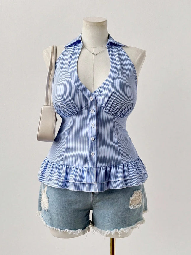 Oversized Women's Sleeveless Pleated Hem Casual Shirt Blue Striped Shirt V-Neck Beach Resort Backless