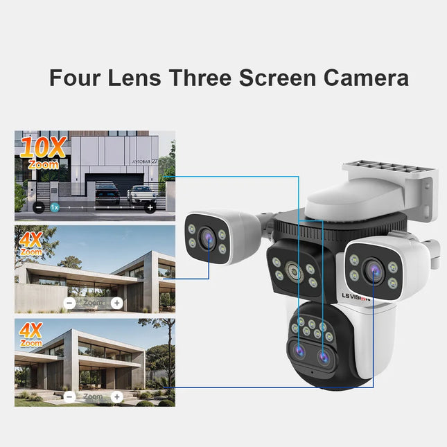 LS VISION 20MP 10X Zoom Three Screens WiFi IP Camera Wireless Outdoor 10K Four Lens PTZ Human Auto Tracking Surveillance Cameras
