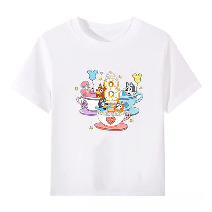 Bluey Children's White Short Sleeve T-Shirt 100% Cotton Number Series Cute Cartoon Tee for Boys and Girls