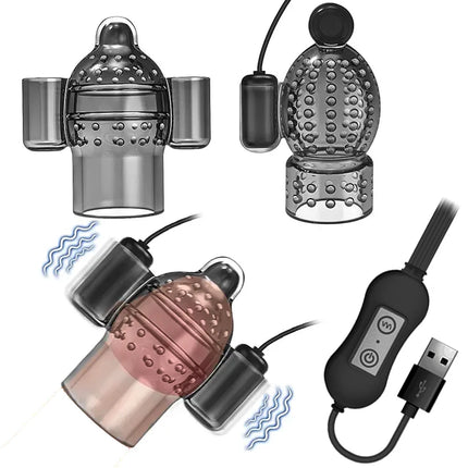 Electric Shock Glans Vibrators Ring For Male Masturbator Penis Delay Lasting Trainer Massager With 5 Caps Adult Sex Toy For Men