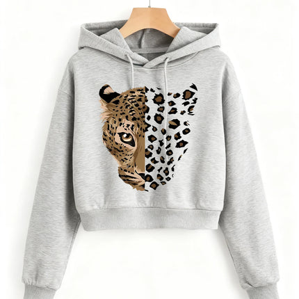 Fashion Leopard Tiger Print Autumn Winter Cropped Sweatshirt Crop Top Hoodie Y2k Sweatshirts Gothic Casual Style Clothes