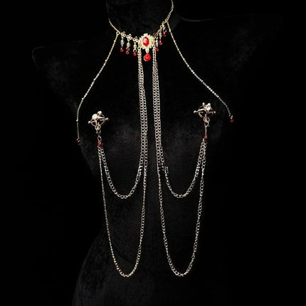 Red Ruby Nipple Clamps with Collar and Body Chain Waist Chain Sexy BDSM Training Adjustable Accessories for Women Adult Sex Toys
